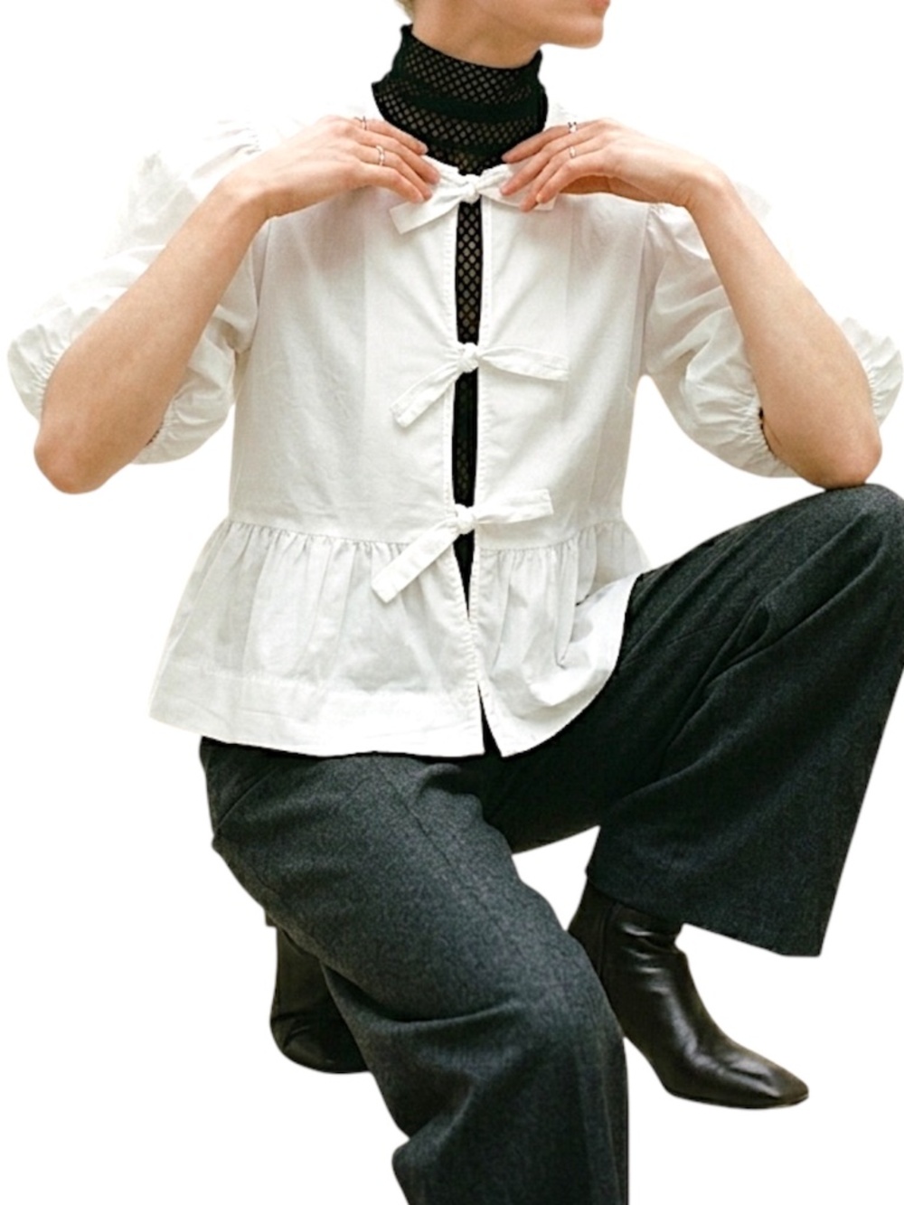 Quiet luxury white tie front puff sleeve boxy oversied peplum statement blouse M - Picture 3 of 14